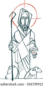 Hand drawn vector illustration or drawing of Jesus Christ Good Shepherd