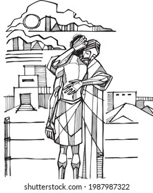 Hand drawn vector illustration or drawing of the christian biblical parabole of the prodigal son