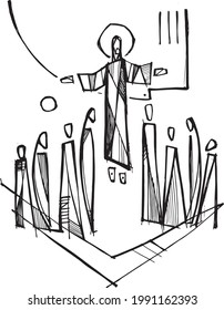 Hand drawn vector illustration or drawing of Jesus Christ with Apostles at his ascension