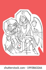 Ilustración vectorial dibujada a mano o dibujo de la Virgen María sosteniendo a Jesucristo en su pasión y ángeles en el fondo
