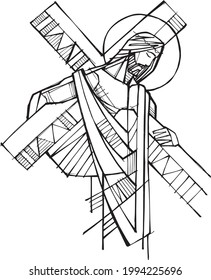 Hand drawn vector illustration or drawing of Jesus Christ with the Cross in his Passion