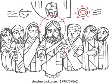 Hand drawn vector illustration or drawing of Jesus Christ, Virgin Mary, disciples and christian religious symbols