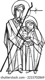 Hand drawn vector illustration or drawing of the Sacred Family
