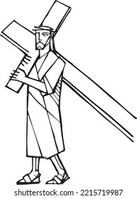 Ilustración vectorial dibujada a mano o dibujo de Jesucristo cargando la cruz
