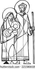 Ilustración vectorial dibujada a mano o dibujo de la familia sagrada

