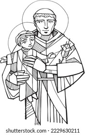 Hand drawn vector illustration or drawing of  Saint Anthony of Padua

