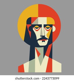 Hand drawn vector illustration or drawing of Jesus Christ, Vector colour graphic composition, geometric element,and empty tomb, head of Jesus Christ