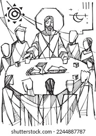 Hand drawn vector illustration or drawing of jesus eucharist in community
