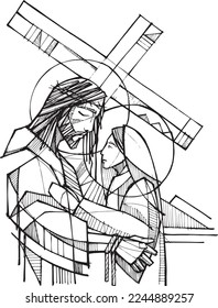 Hand drawn vector illustration or drawing of Jesus finding his mother
