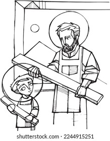 Ilustración vectorial dibujada a mano o dibujo de San José y Jesús trabajando

