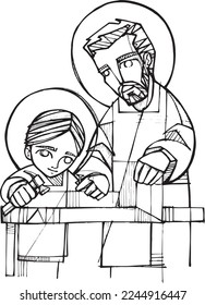 Ilustración vectorial dibujada a mano o dibujo de San José y Jesús trabajando

