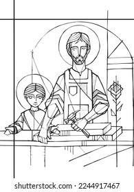 Hand drawn vector illustration or drawing of Saint Joseph and Jesus
