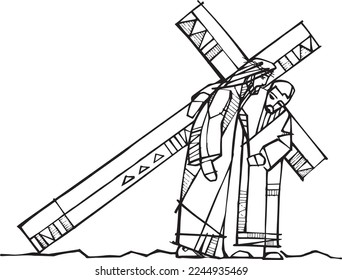 Hand drawn vector illustration or drawing of Cyrene helping Jesus.

