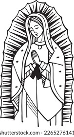 Ilustración vectorial dibujada a mano o dibujo de la Virgen de Guadalupe
