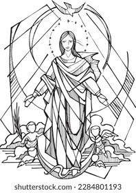 Hand drawn vector illustration or drawing of the Immaculate Conception of Mary.