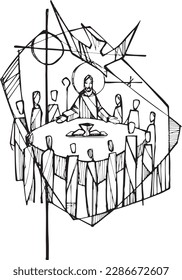 Hand drawn vector illustration or drawing of jesus eucharist in community
