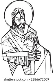 Hand drawn vector illustration or drawing of Christ and young man

