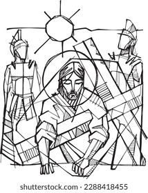 Ilustración vectorial dibujada a mano o dibujo de Jesús cae con la cruz
