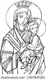 Hand drawn vector illustration or drawing of Our Lady of Perpetual Help
