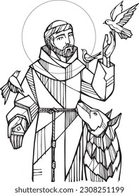 Hand drawn vector illustration or drawing of  Saint Francis of Assisi.