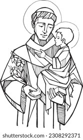 Hand drawn vector illustration or drawing of Saint Anthony of padua
