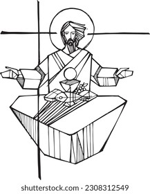 Hand drawn vector illustration or drawing of Jesus Eucharist