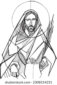 Hand drawn vector illustration or drawing of Jesus entering Jerusalem on a donkey.
