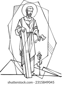 Hand drawn vector illustration or drawing of Saint Joseph the worker