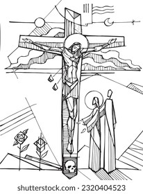 Hand drawn vector illustration or drawing of the crucifixion of Jesus.
