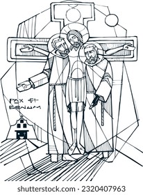 Hand drawn vector illustration or drawing of jesus, saint francis and saint pio