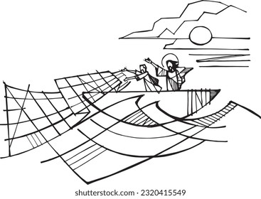 Hand drawn vector illustration or drawing of Jesus casting the nets
