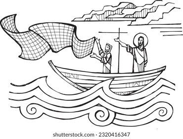 Hand drawn vector illustration or drawing of Jesus casting the nets
