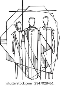 Hand drawn vector illustration or drawing of priests
