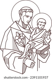 Ilustración vectorial dibujada a mano o dibujo de San Antonio de Padua y del niño Jesús