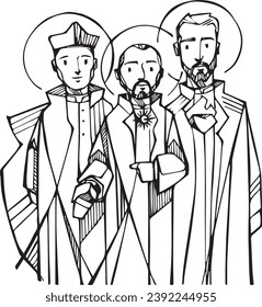 Hand drawn vector illustration or drawing of Jesuit founders Saint Ignatius of Loyola, Saint Francis Xavier and  Saint Peter Fabro