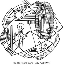 Ilustración vectorial a mano o dibujo de la Virgen María de Guadalupe y San Juan Diego y una frase en nahuatl que significa: Estoy aquí, tu madre