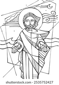 Hand drawn vector illustration or drawing of Jesus and the waters