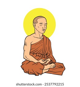 Hand drawn vector illustration or drawing  monk sitting and on meditation