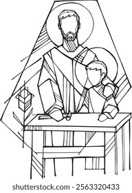 Hand drawn vector illustration or drawing of Saint Joseph and Child Jesus silhouettes in a carpenter shop