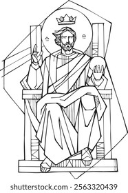 Hand drawn vector illustration or drawing of Christ King sitting on a throne