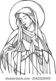 Dibujado a mano Ilustración vectorial o dibujo de la madre María rezando