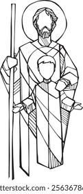 Hand drawn vector illustration or drawing of Saint Joseph and Child Jesus silhouettes