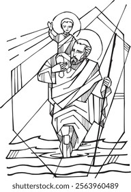 Ilustração vetorial desenhada à mão ou desenho de São Cristóvão atravessando um rio com o bebê Jesus