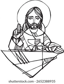 Hand drawn vector illustration or drawing of Jesus Christ at the Last Supper, with a chalice and bread, in a minimalist and geometric ink style.