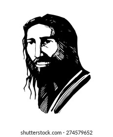 Hand drawn vector illustration or drawing of Jesus Christ face