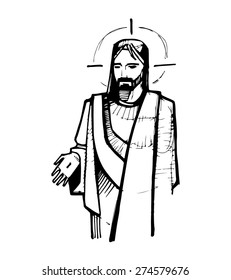 Hand drawn vector illustration or drawing of Jesus Christ at his Resurrection