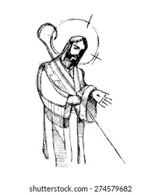 Hand drawn vector illustration or drawing of Jesus Christ Good Shepherd