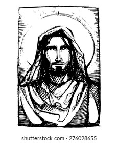 Hand drawn vector illustration or drawing of Jesus Christ friendly face