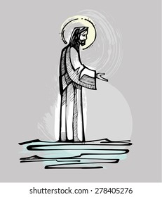 Hand drawn vector illustration or drawing of Jesus Christ walking on the water offering an open hand