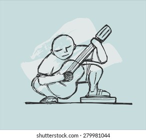 Hand drawn vector illustration or drawing of a guitar player